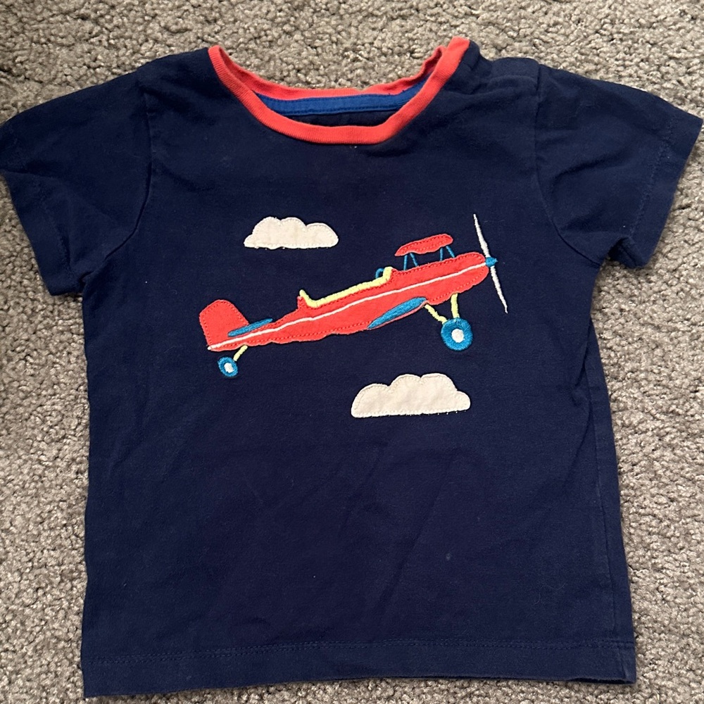 Mini Boden Navy Blue Tee with Red Airplane Design